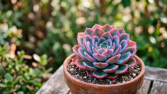 Vibrant Echeveria succulent plant with pink and blue leaves in a terracotta pot on a wooden table