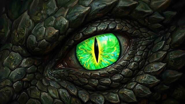 Close-up view of a green dragon eye with vibrant emerald iris and black vertical pupil