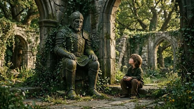 Young boy gazes up at ancient moss-covered stone warrior statue amidst overgrown ruins