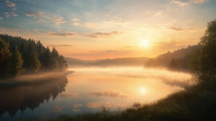 Fototapeta premium A scenic lake reflects a colorful sunrise, framed by trees and gentle mist