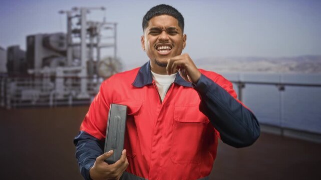 Bearded man in red uniform holding toolbox, hand to mouth shouting on industrial building deck by sea; cheerful teamwork.