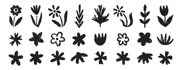 Fototapeta premium Grunge trendy doodle flowers leaves set. Hand drawn brush flowers crayon, chalk texture. Flowers textured collection
