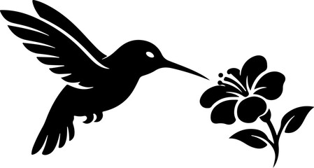 Hummingbird hovers near colorful flower with long beak and wings spread. © Rahid