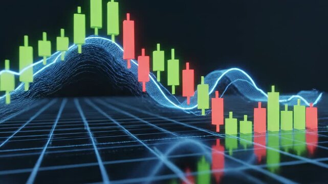 Stock market candlestick chart with price fluctuations and trading volume visualized on a dark background