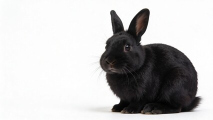 Obraz premium A close-up of a black rabbit sitting calmly against a white background, showcasing its soft fur and alert expression, ideal for pet and animal-themed content.