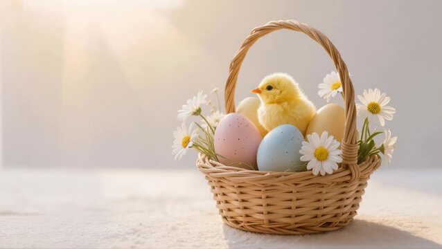 Small yellow chick sitting in a wicker basket filled with pastel colored eggs and daisies, illuminated by soft natural sunlight, symbolizing spring renewal and Easter celebration