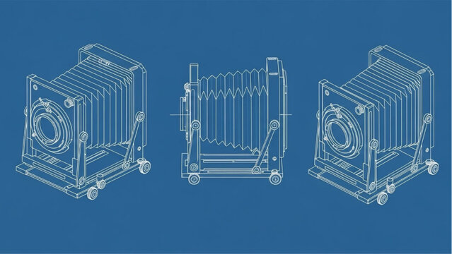 Large format camera blueprint set, CAD multi view technical drawing