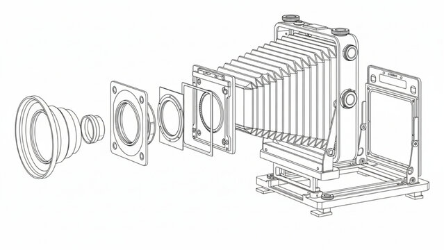 Large format camera lens assembly, CAD exploded technical drawing