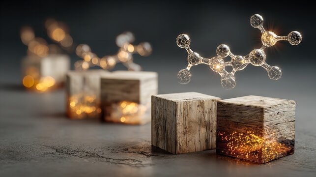 Abstract depiction of molecular structure floating over wooden blocks and surface.
