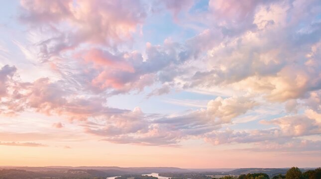 Serene sunset sky with soft pink and blue clouds drifting over a rolling green landscape with a winding river below