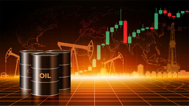 Chart of oil price growth per barrel. Crude oil barrels on dark abstract desert background. Analysis of the growth global energy markets. World market review. Investment strategies. Vector