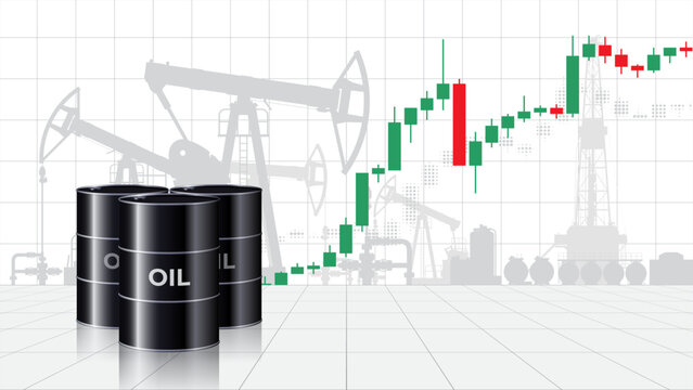 Chart of growth oil prices per barrel. Crude oil barrels on industrial pump jack background. Analysis rising of global energy markets. Economic insights. World market review. Investment. Vector