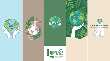 Five-panel Earth Day banners featuring hands holding the globe, greenery and Save the Planet messages to promote environmental awareness and sustainability