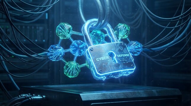 Glowing neon blue 3D cyber defense padlock connected to digital data nodes and server cables