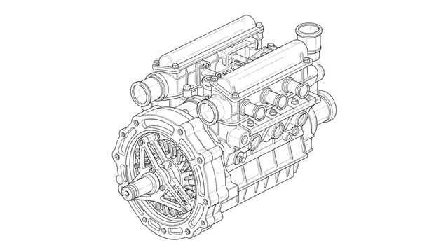 Wankel rotary engine, CAD style technical line drawing