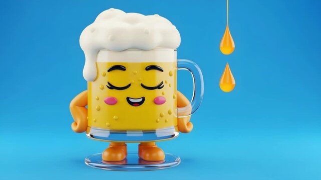 Animated beer mug character with foam and blushing cheeks standing on blue background 4K Ai HD high quality video.