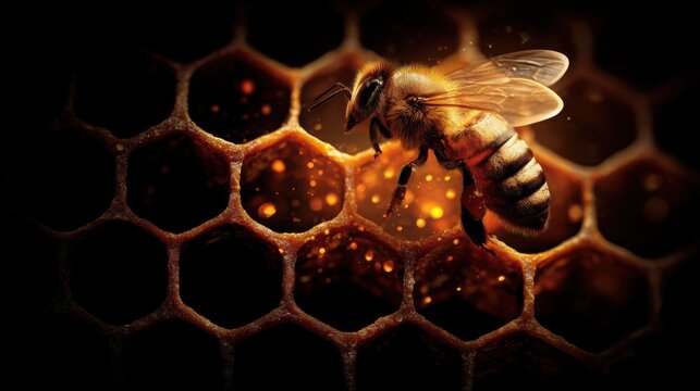 Honeybee with pollen baskets full returning to a hexagonal honeycomb cell, showcasing nature's intricate design and vital role in pollination