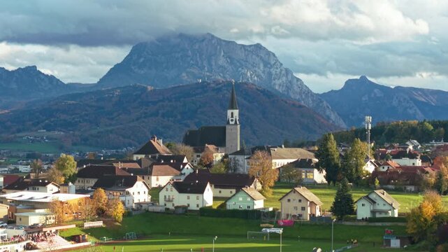 Aerial panorama of Ohlsdorf village with Traunstein mountain in autumn, Austria