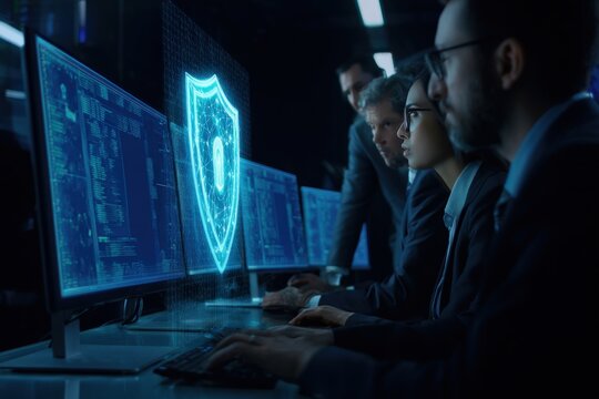 white executive reviewing SOC dashboard and holographic shield with security leads, strategic decision making on risk posture, governance and resource allocation in illuminated boardroom