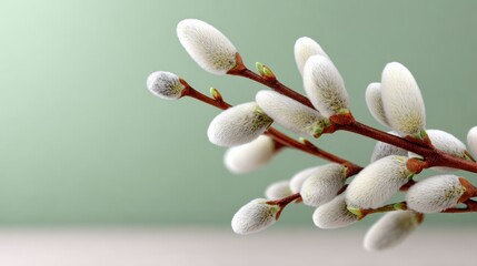 Naklejka premium Soft, fluffy catkins bloom on delicate willow branches. Light green background adds calm, fresh spring atmosphere. Perfect for seasonal designs, wellness themes, or nature backgrounds