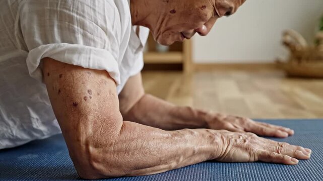 Senior woman doing plank exercise on yoga mat at home fitness wellbeing and active lifestyle for healthy aging
