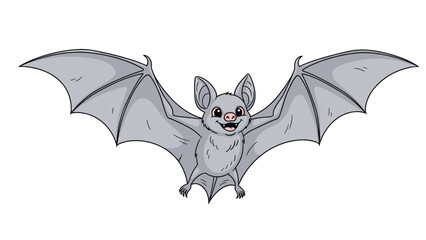 Fototapeta premium Friendly grey bat with large ears and a smiling face flies with its wings wide open against a plain white background.