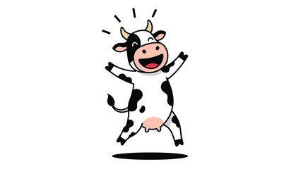 Fototapeta premium Happy cartoon dairy cow jumping with joy on a white background as a cheerful animal illustration for farm themes.