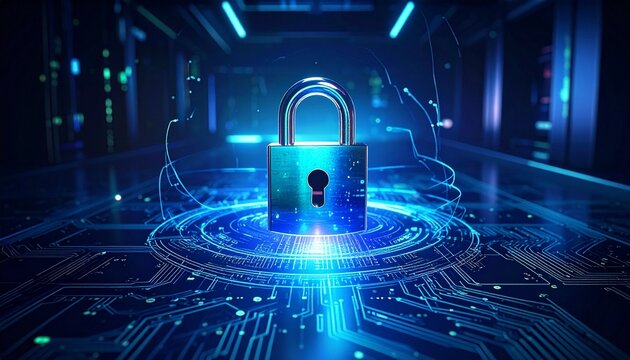 A metallic padlock surrounded by glowing blue circuitry in a futuristic server room, symbolizing cybersecurity, digital protection, and safeguarding information systems.