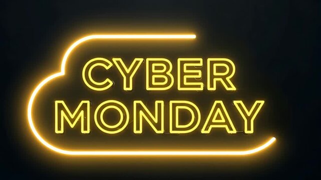 Neon cyber monday text animation glowing yellow light on dark background 4K Ai HD high quality video.