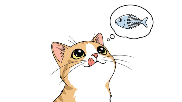 Curious cartoon ginger cat looking up and thinking about a fish skeleton inside a thought bubble on a white background.