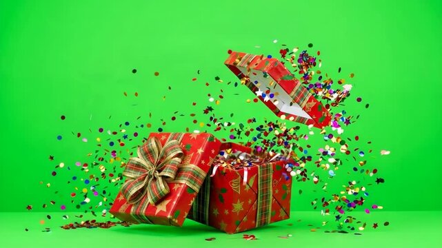 Festive red gift box popping open with colorful confetti explosion on chroma key green background