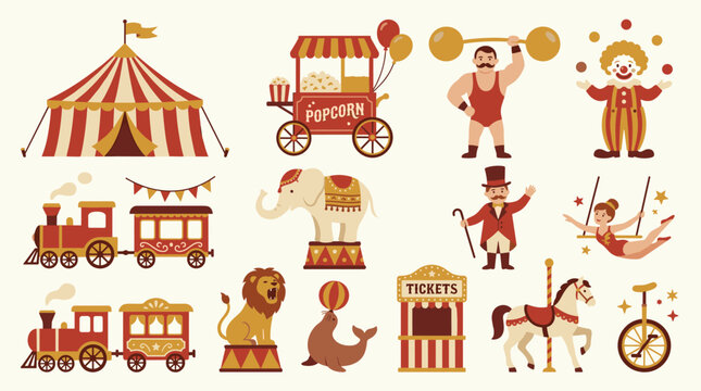 Circus Carnival Elements Set with Performers and Attractions