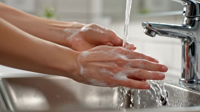 Soapy hands under running water demonstrating proper hygiene and health conscious handwashing technique in a bright bathroom sink setting