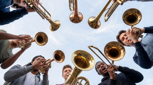 Low angle view of diverse young male musicians playing brass instruments in a circle. Trumpets and a trombone pointing down against a bright blue sky.