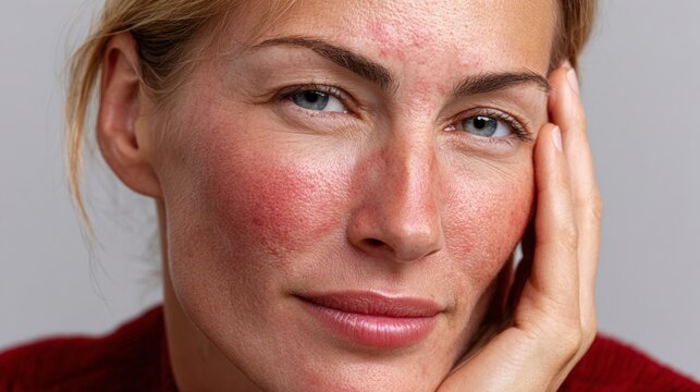 Close-up of a woman with red, irritated skin on her cheeks. Her hand rests near her face, suggesting discomfort or concern. She has light hair and blue eyes, looking calmly at the camera
