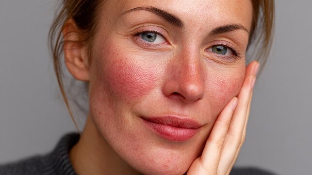Woman with flushed cheeks smiles gently, hand resting on her face. Soft lighting highlights her calm, content expression. Image suits beauty, skincare, or wellness themes. Could represent confidence