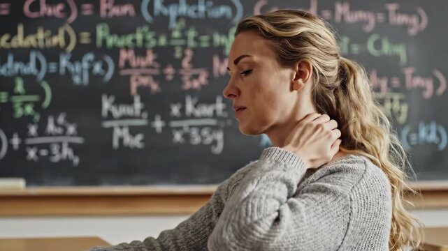 Teacher with neck pain in classroom after workday math formulas on blackboard modern education stress relief and health awareness concept