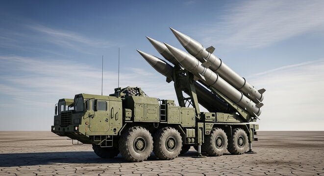 Mobile missile launcher truck with ballistic missiles in open landscape