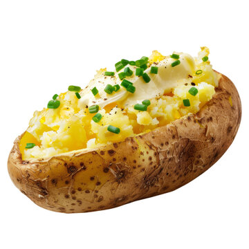 Baked potato with melted butter and fresh chives on transparent background. Gourmet dish served as a side or main snack. Classic culinary staple for restaurant menu and home cooking.