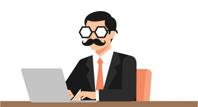 Businessman in disguise wearing fake mustache and funny glasses typing on laptop representing imposter syndrome or hacker