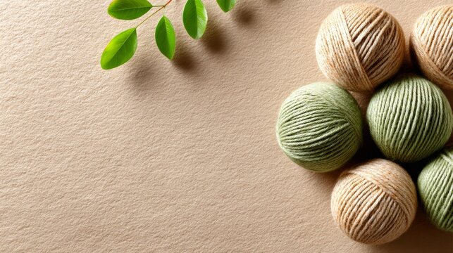 Green yarn balls rest on beige surface. Fresh green leaves add natural touch. Ideal for crafting, eco-friendly themes, or spring design projects. Calm, creative atmosphere invites relaxation