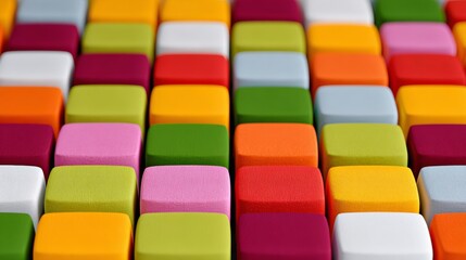 Fototapeta premium Vibrant, colorful cubes arranged in neat rows. Each cube has unique hue, texture, and shade. Bright, playful, and modern visual design. Perfect for backgrounds, apps, or creative projects