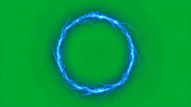 Glowing blue electric lightning energy ring portal with flickering sparks swirling on chroma key green screen background