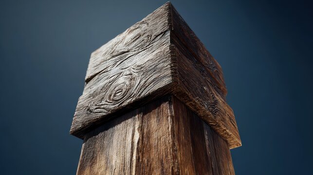 Rustic wooden post cap close-up, weathered timber texture in moody blue light, natural aged wood background