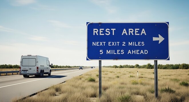Rest Area Sign on Highway with Van Driving on Road in Daytime.