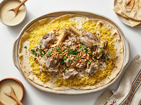 Mansaf Jordanian Festive Lamb in Jameed Yogurt Sauce with Saffron Rice Pine Nuts and Parsley on Flatbread White Background