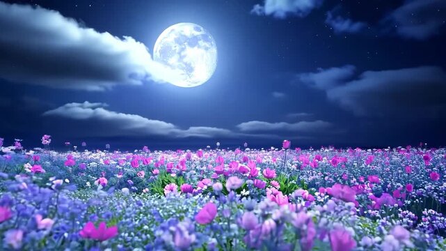 A field filled with colorful flowers glows under the light of the full moon in a nighttime garden