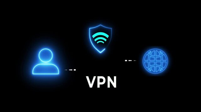 VPN connection idea. Digital cybersecurity privacy, secure browsing, and encrypted internet data transfer for browsing safety and global online protection. Motion graphics of secure data transfer.
