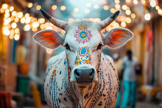 Decorated cow in festive Indian street