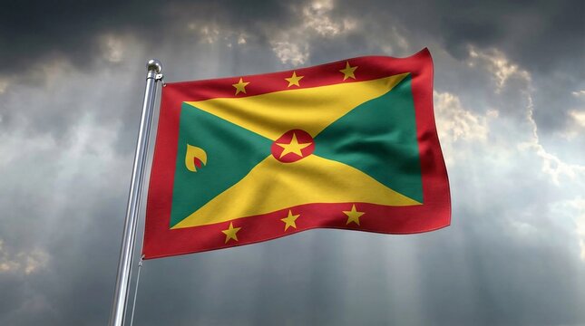 The national flag of Grenada is prominently displayed on a flagpole against a backdrop of a stormy, overcast sky with sunlight filtering through a powerful representation of the island nation
